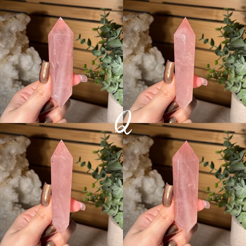 May include: Four images of a pink rose quartz crystal point. The crystals are held in hands, showcasing their polished, faceted surfaces. The background includes greenery and a white, textured element, with the letter "Q" in white.
