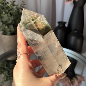 Large Garden Quartz Tower with Pronounced Phantom Inclusions Lodolite Quartz Crystal Point Garden Quartz Lodolite Tower for Crystal Decor