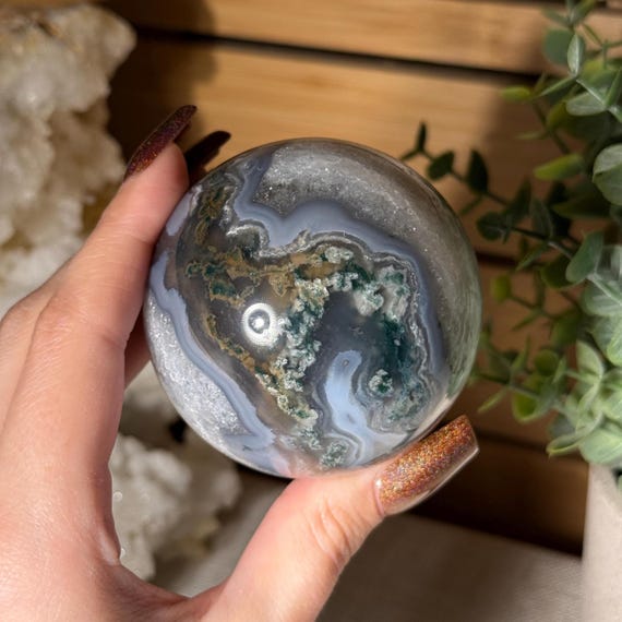 Moss Agate Crystal Sphere with Quartz Moss Agate Sphere Crystal for Grounding Growth Metaphysical Healing Energy and Emotional Balance Gift