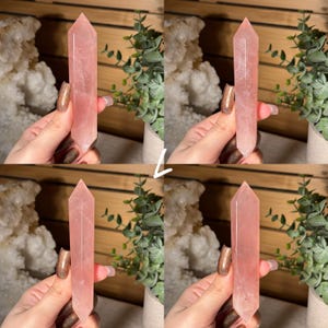 May include: Four images of a polished rose quartz crystal point. The crystal is a soft pink color and has a pointed top. The crystal is held in a hand with a neutral background. The crystal is a natural stone.