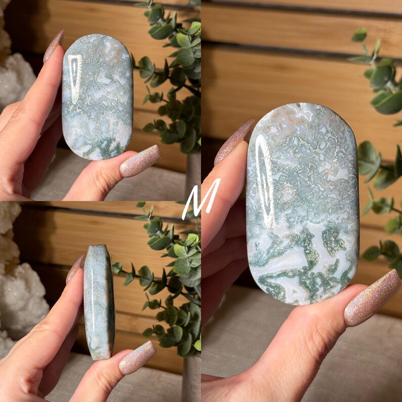 May include: A polished, oval-shaped stone with a mottled pattern of white, green, and gray. The stone is held up in front of a background of greenery and a wooden surface. The stone's surface has a smooth, glossy finish, and the edges are rounded.