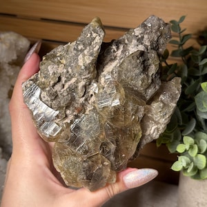 May include: A raw, natural crystal cluster with a mix of earthy tones. The crystal features a combination of olive green and gray hues, with a rough, textured exterior and sparkling, reflective facets. The cluster is held in a hand, showcasing its size and unique formation.