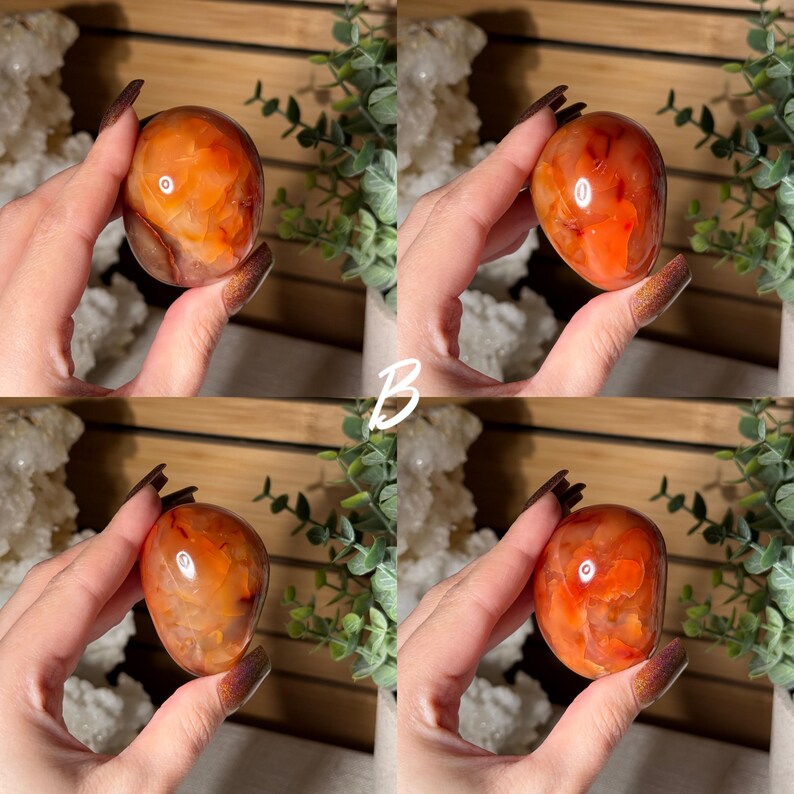 Puede incluir: Cuatro im&aacute;genes de una piedra de cornalina pulida. La piedra tiene forma ovalada con una mezcla de tonos naranja y marr&oacute;n. La piedra se sostiene en una mano, con la letra "B" en blanco en el centro de las im&aacute;genes.
