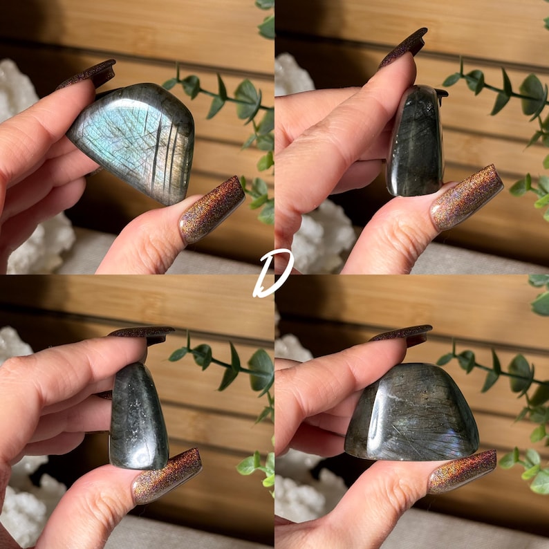 May include: Four polished labradorite stones are displayed, each with unique shapes and iridescent flashes of blue, green, and gold. The stones are held up against a natural background, showcasing their natural beauty. The letter "D" is visible in white.