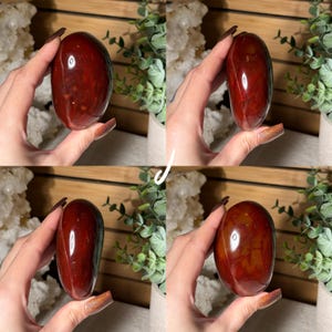 Puede incluir: Una piedra de jaspe rojo pulida, de forma ovalada. La piedra tiene una superficie lisa y brillante con variaciones naturales de color y patr&oacute;n. El jaspe se sostiene sobre un fondo de vegetaci&oacute;n y cristales blancos.