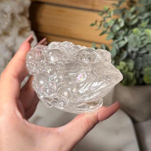 Large Clear Quartz Money Toad Carving Clear Quartz Crystal with Rainbows Lucky Frog Statue Feng Shui Crystal for Prosperity Abundance Wealth