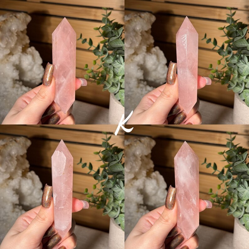 May include: Four images of a rose quartz crystal point. The crystals are a soft pink color, with a pointed top and a rectangular base. The crystals are held in a hand, with a background of plants and a white crystal formation.