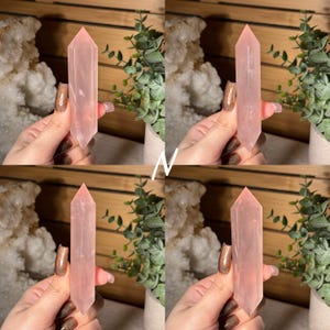 May include: Four images of a pink rose quartz crystal point. The crystals are held in front of a wooden background with green plants and white rock formations. The crystals are a pale pink color and have a pointed tip.