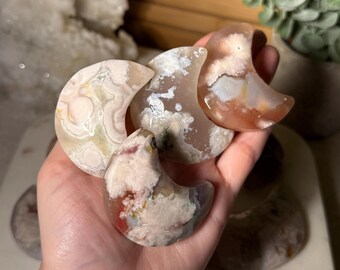 Flower Agate Crystal Moon Pick Your Own Flower Agate Crescent Moon Carving Crystal for Confidence Growth Metaphysical Healing Gift for Her