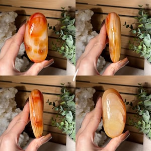 Puede incluir: Cuatro im&aacute;genes de piedras de cornalina pulidas. Las piedras var&iacute;an en color de naranja a amarillo claro, con patrones de remolinos y manchas. Las piedras se sostienen en una mano, mostrando sus formas lisas y redondeadas. El fondo incluye vegetaci&oacute;n y un cristal blanco.