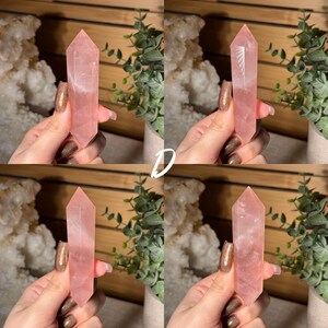 May include: Four images of a pink rose quartz crystal point. The crystals are held in front of a background of greenery and a white, textured surface. The crystals are a light pink color and have a pointed top.