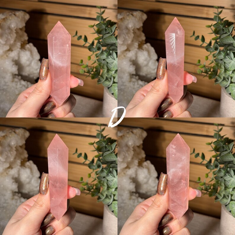 May include: Four images of a pink rose quartz crystal point. The crystals are held in front of a background of greenery and a white, textured surface. The crystals are a light pink color and have a pointed top.