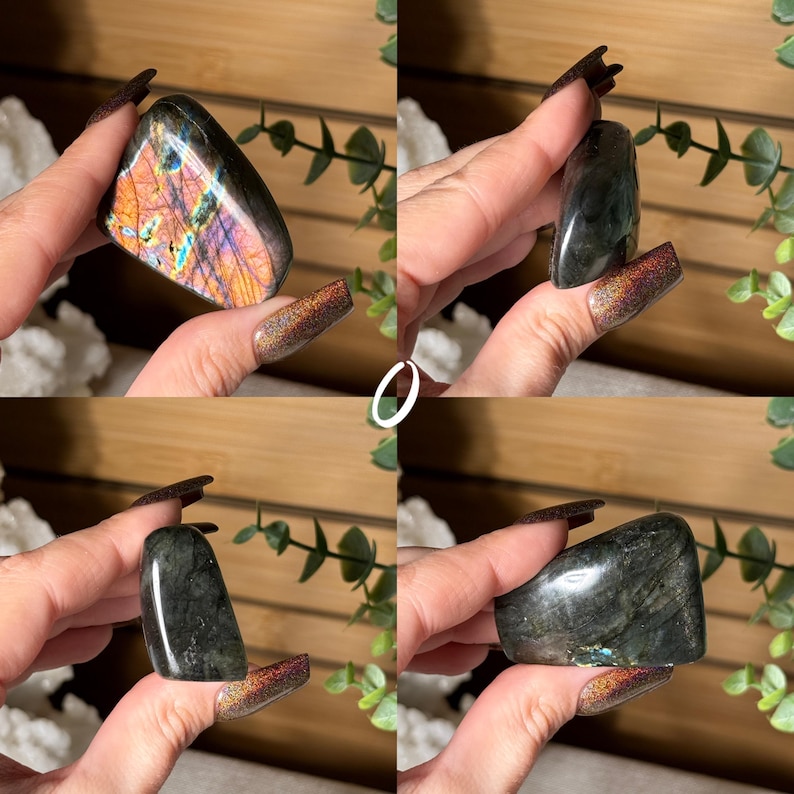 May include: Four images of polished labradorite crystals. The crystals vary in shape and size, displaying a range of colors including iridescent blues, oranges, and greens. The stones are held up against a neutral background, showcasing their natural beauty and unique patterns.