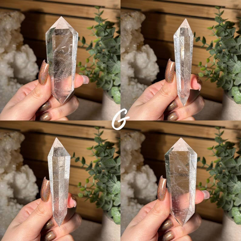 May include: Four images of clear quartz crystal points. Each crystal is held in a hand with a neutral background. The crystals are transparent with visible internal structures. The crystals are faceted and taper to a point. The letter "G" is in the center of the image.