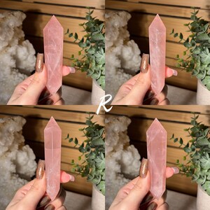 May include: Four rose quartz crystal points are displayed. Each crystal is a pale pink color and has a pointed top. The crystals are held in front of a background of greenery and white crystals.