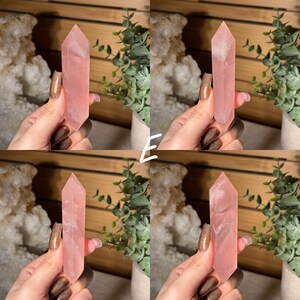 May include: Four images of a pink rose quartz crystal point. The crystals are held in hands, showcasing their polished, faceted surfaces. The background includes greenery and a white, textured element, creating a natural aesthetic.