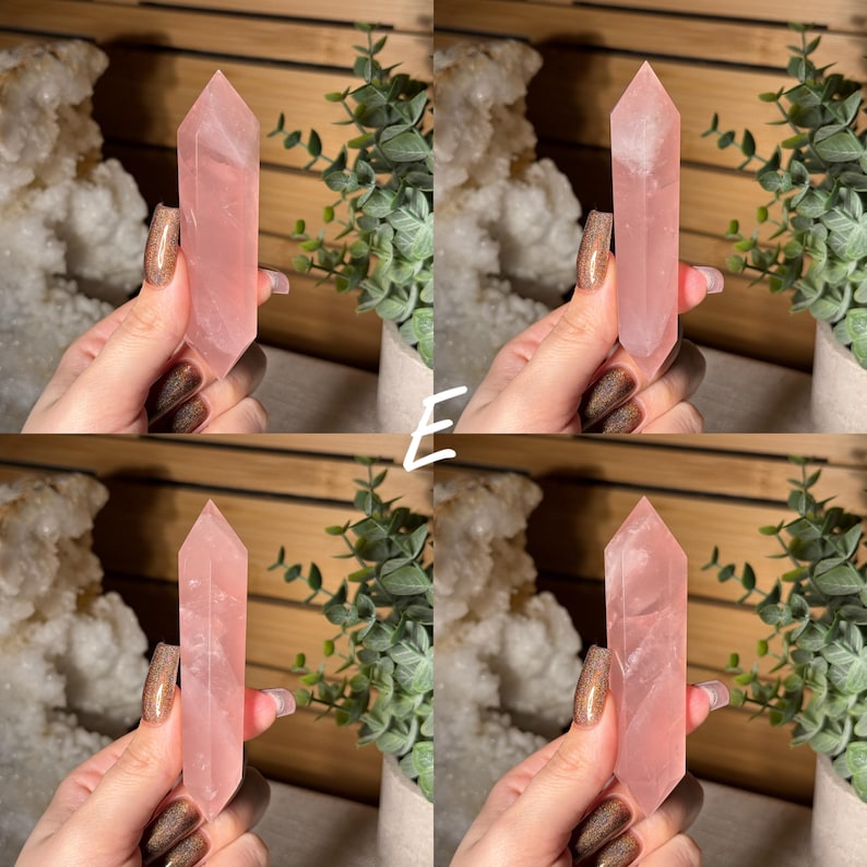 May include: Four images of a pink rose quartz crystal point. The crystals are held in hands, showcasing their polished, faceted surfaces. The background includes greenery and a white, textured element, creating a natural aesthetic.