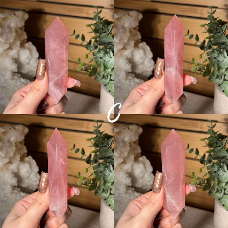 May include: Four images of a pink rose quartz crystal point. The crystal is a pale pink color with a pointed top and a rectangular base. The crystal is held in a hand with a glittery nail polish. Green plants and white crystals are in the background.