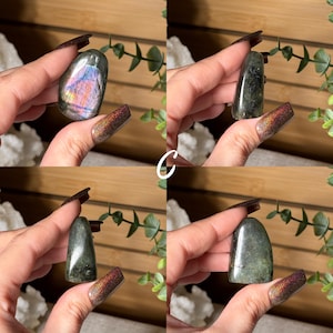 May include: Four polished gemstone crystals are displayed. One is a gray oval with iridescent flashes of color. The other three are dark green, oblong, and rounded. The crystals are held up against a background of greenery and wood.