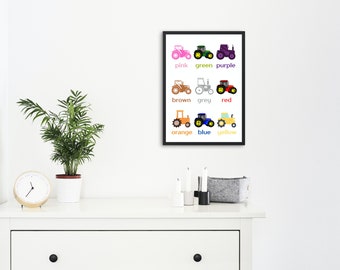 Cute Tractor colour printable, Tractor print, Nursery Print, learn colours, Child bedroom print, Playroom photo, A4 printable, DOWNLOAD