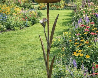Copper Lily Garden Bird Bath Flower Stake Feeder Sculpture Ornament Decoration Lawn Metal Gift Present Outdoor Style Special Unique
