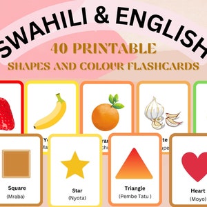 Formas e cores para crianças Cartões de aprendizagem Inglês / Suaíli - Bilíngue, Ensino em casa, Quênia, Tanzânia, Kiswahili