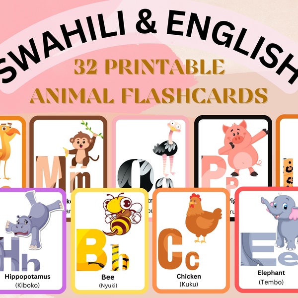 Children / Adults Animal Learning flash cards English / Swahili - Bilingual,Homeschooling, Kenya, Tanzania, Kiswahili