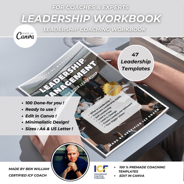 leadership coaching workbook, business coaching worksheets for leaders, Self-leadership coaching templates, career coaching canva ebook kit