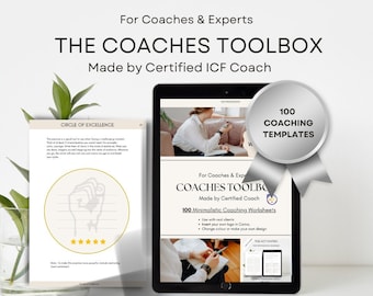 May include: A digital product for coaches and experts. The Coaches Toolbox features 100 minimalist coaching worksheets and 50 coaching questions. The image shows a tablet displaying a worksheet with the title "The Act Matrix".