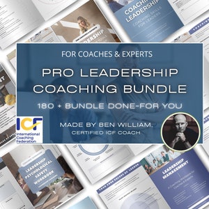 Puede incluir: Un gráfico azul y blanco con el texto "Pro Leadership Coaching Bundle" y "180+ Bundle Done-For You". El gráfico también presenta el logotipo de ICF y una foto de un hombre. El gráfico está rodeado de imágenes de cuadernos de trabajo de coaching.