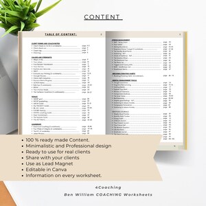 May include: A table of contents for a coaching workbook with a minimalist design. The workbook includes sections on client forms, values and strengths, goals, leadership, stress management, breaking/creating habits, and mental management tools. The workbook is 100% ready-made content and editable in Canva.