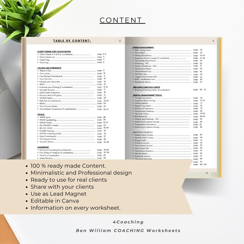 May include: A table of contents for a coaching workbook with a minimalist design. The workbook includes sections on client forms, values and strengths, goals, leadership, stress management, breaking/creating habits, and mental management tools. The workbook is 100% ready-made content and editable in Canva.