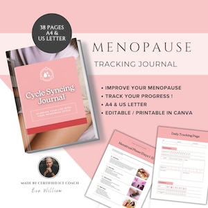 Könnte beinhalten: Ein rosa-weißer digitaler Journal-Umschlag mit dem Text "Menopause Tracking Journal" und "Cycle Syncing Journal" mit einer Grafik eines Wassertropfens. Das Journal umfasst 38 Seiten und ist in A4 und US-Briefformat druckbar.