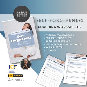 Op de afbeelding: Een digitale download van zelfvergeving coaching werkbladen. De omslag toont een vrouw die met gekruiste benen zit, glimlacht en een boek vasthoudt. De titel van het boek is "Self Forgiveness" en de tekst onder de titel zegt "Coaching Worksheet". De tekst aan de rechterkant van de afbeelding zegt "The Heal Frameworks! For Self-Forgiveness Coaching Sessions! Edit in Free Version of Canva. A4 & US Letter. 25 Pages."