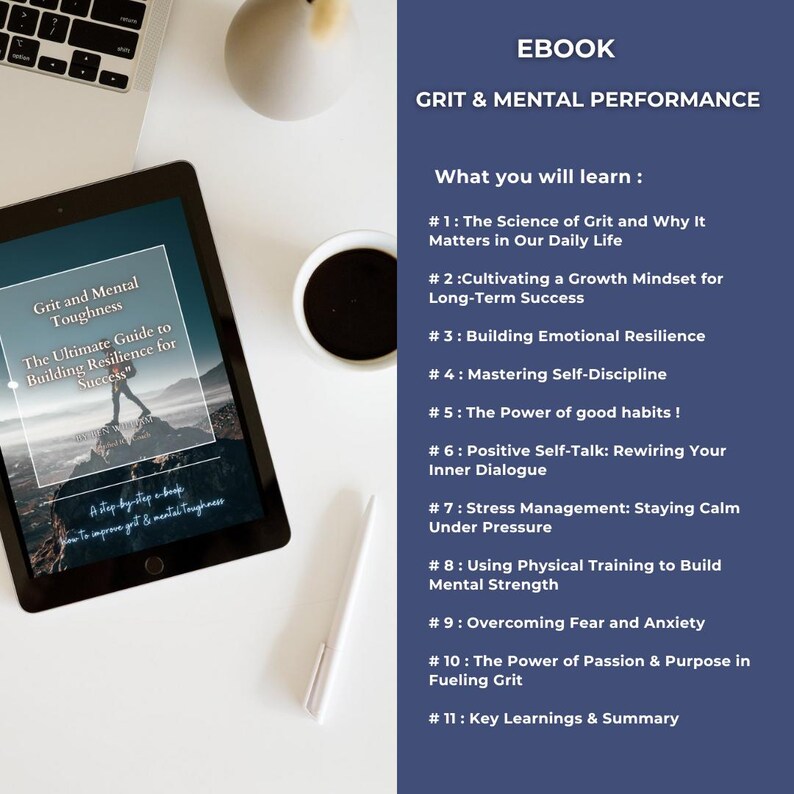 May include: Ebook cover with a blue background and white text. The title is "Grit & Mental Performance". The subtitle is "What you will learn:" and lists 11 topics related to building resilience and mental toughness. The cover image shows a person standing on a mountain top.