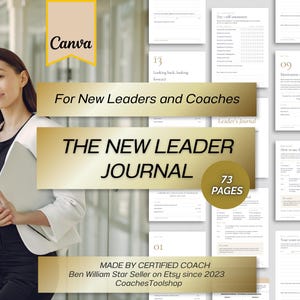 以下が含まれることがあります： 新しいリーダーやコーチ向けの「The New Leader Journal」と題されたデジタルジャーナルテンプレート。専門的な能力開発コンテンツが73ページ含まれています。レイアウトには、さまざまな評価フォーム、計画シート、目標追跡ページが含まれています。