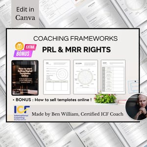May include: A digital product listing for coaching frameworks, including PRL & MRR Rights, with a bonus guide on how to sell digital templates online. The listing features a white background with black text and a graphic of a coach.