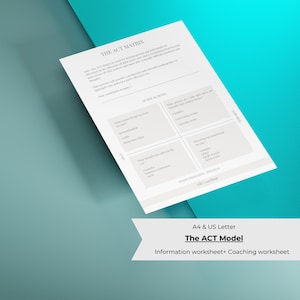 Op de afbeelding: Een printbaar werkblad met de titel "The ACT Matrix" met een raster dat is verdeeld in vier secties. Elke sectie heeft een vraag en voorbeelden. De vragen zijn: "Welke acties brengen je dichter bij je doel?", "Wat zou je aan anderen geven op de manier waarop je behandeld wilt worden?", "Wie is belangrijk voor je?" en "Welke acties onderneem ik die me dichter bij brengen wat het belangrijkst is?"