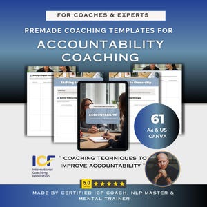 Könnte beinhalten: Bild von vorgefertigten Coaching-Vorlagen für Accountability-Coaching. Das Bild enthält ein Tablet, das die Vorlagen anzeigt, sowie mehrere gedruckte Seiten. Der Text enthält "For Coaches & Experts" und "61 A4 & US CANVA".