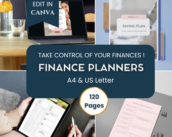 May include: A set of printable finance planners in A4 and US Letter sizes. The planners are designed to help you take control of your finances. The set includes 120 pages and features a pink and gray color scheme. The image shows a laptop, a tablet, and a printed page from the planner.