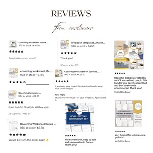 May include: A collection of customer reviews for coaching worksheets and templates. The reviews are positive and include comments about the quality of the products and the seller's service. The image also shows the products themselves, which are designed for use in Canva.