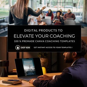 May include: A black and white image of a laptop computer with a screen displaying a coaching guide. The laptop is on a wooden desk with a yellow surface in the background. The text on the screen reads "Get in the Mindset: The Ultimate Guide to Coaching for Long-Term Results". The text on the screen is in a white font on a black background. The laptop is open and the keyboard is visible. The laptop is being used by a person who is not visible in the image. The image also includes a black and white image of a person speaking to a group of people. The text on the image reads "Digital Products to Elevate Your Coaching 100% Premade Canva Coaching Templates Shop Now Get Instant Access to Your Templates!"