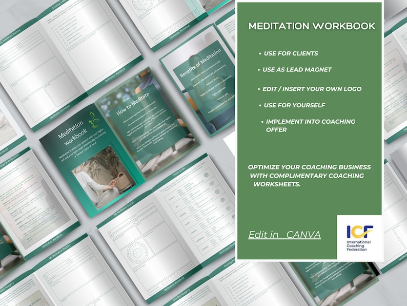 May include: A green and white meditation workbook with the text "Meditation Workbook" and "How to Meditate" on the cover. The workbook is designed to help people learn how to meditate and includes information on the benefits of meditation. The workbook is also designed to be used by coaches to help their clients.