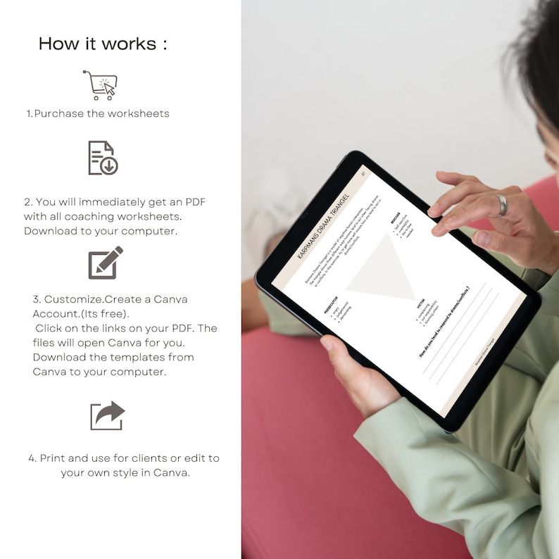 May include: A digital tablet displaying a worksheet titled "Karpmans Drama Triangle". The worksheet is a triangle with three sections labeled "Persecutor", "Rescuer", and "Victim". The worksheet is a printable PDF that can be customized in Canva.