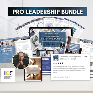 May include: A collection of leadership coaching resources, including workbooks and guides, with the text "PRO LEADERSHIP BUNDLE." The image includes a tablet displaying a coaching bundle and a review with a five-star rating.