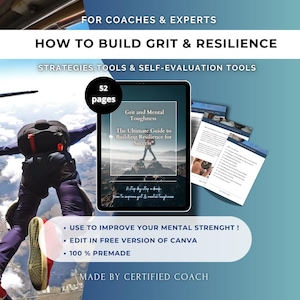 Puede incluir: Una portada de producto digital con un paracaidista en el fondo. La portada es para un libro electrónico de 52 páginas titulado "Grit and Mental Toughness: The Ultimate Guide to Building Resilience for Success". El libro electrónico se describe como una guía paso a paso para mejorar la tenacidad y la resistencia mental. La portada también incluye el texto "¡Úselo para mejorar su fuerza mental! Edite en la versión gratuita de Canva. 100% preelaborado. Hecho por un entrenador certificado."