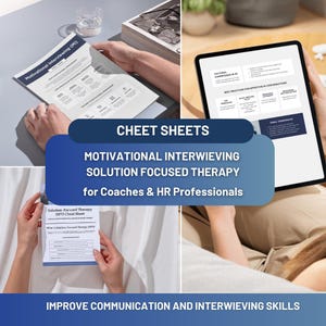 Könnte beinhalten: Bild mit "Cheat Sheets" für "Motivational Interviewing" und "Solution Focused Therapy" für Coaches und HR-Fachleute. Das Bild zeigt gedruckte Blätter und ein Tablet mit Informationen. Der Text "Verbessern Sie Ihre Kommunikations- und Interviewfähigkeiten" ist ebenfalls sichtbar.
