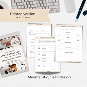 May include: A digital product mockup showing a set of 100 printable coaching worksheets. The worksheets are designed for coaches and experts and feature a minimalist, clean design. The text on the mockup reads "100 Coaching Worksheets", "Coaches Toolbox", "Made by Certified Coach", and "Minimalistic, clean design".