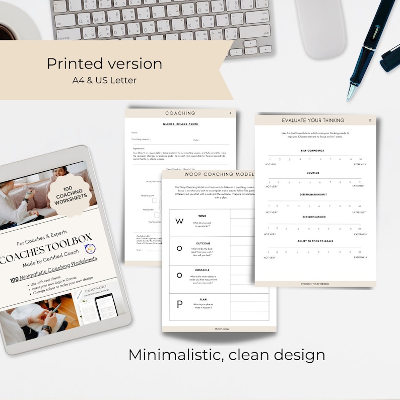 May include: A digital product mockup showing a set of 100 printable coaching worksheets. The worksheets are designed for coaches and experts and feature a minimalist, clean design. The text on the mockup reads "100 Coaching Worksheets", "Coaches Toolbox", "Made by Certified Coach", and "Minimalistic, clean design".