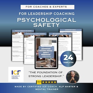 Modelli Canva per il coaching sulla sicurezza psicologica della leadership, foglio di lavoro per la checklist sulla sicurezza psicologica della leadership, strumenti di leadership per coach,